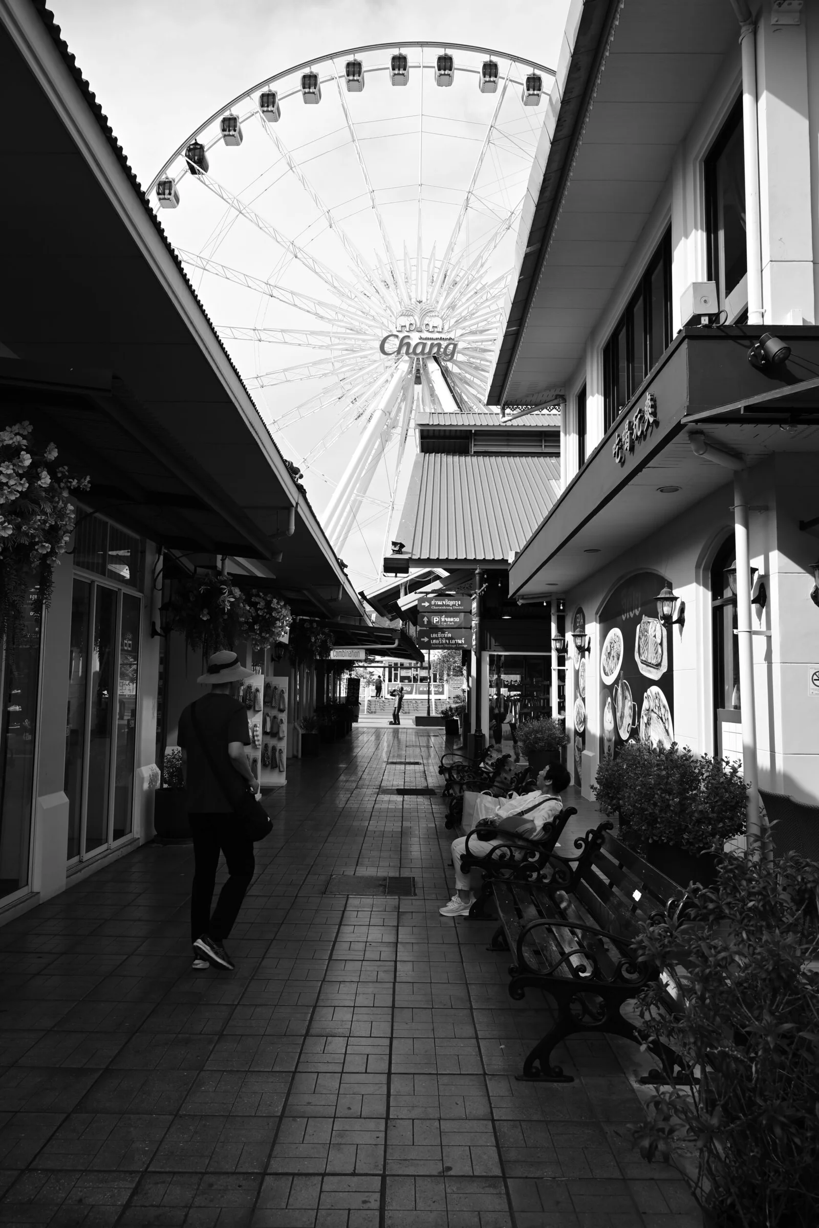 a black and white photo of a ferris wheel